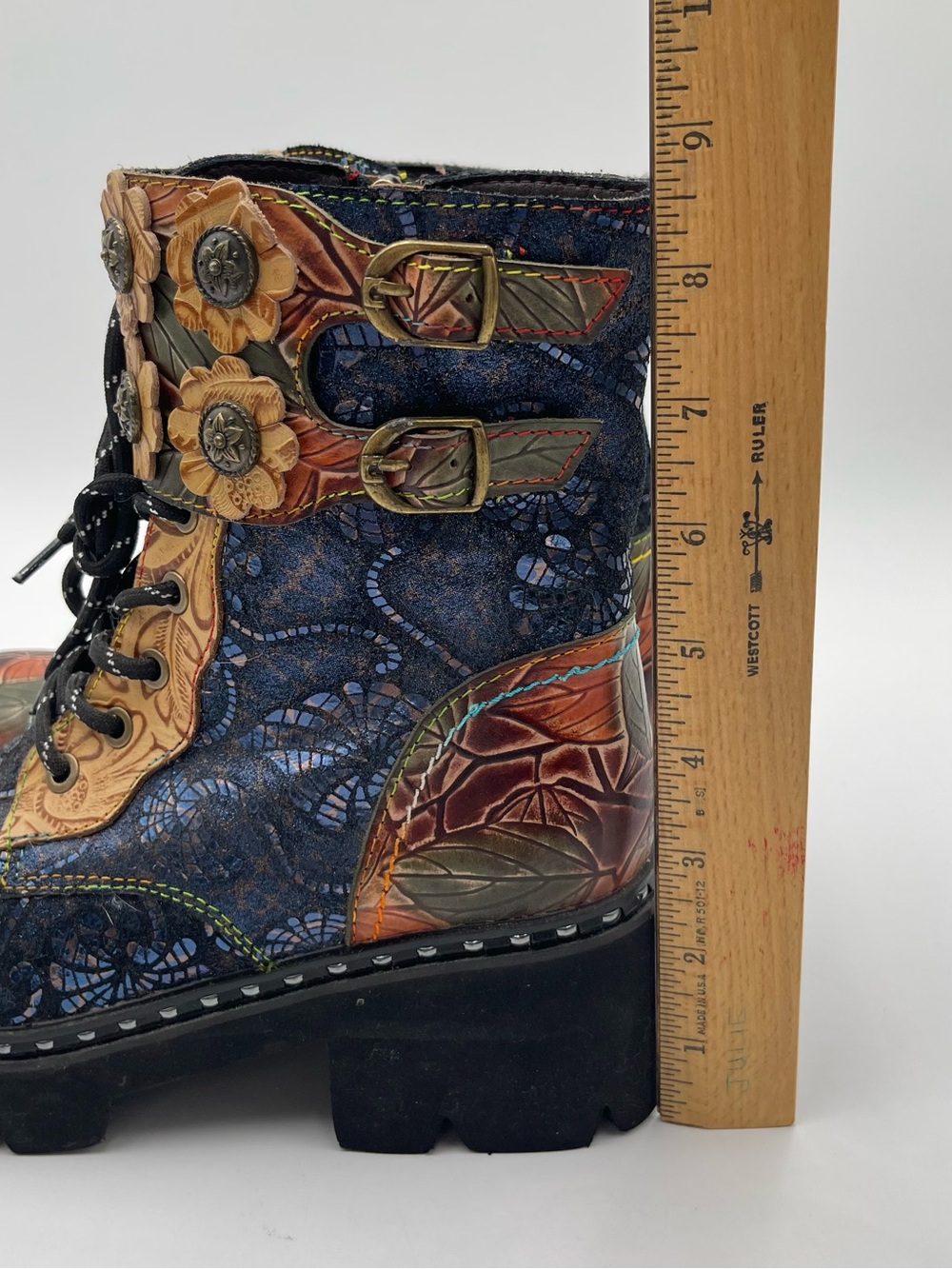 L'Artiste Limitless Booties Heeled Leather Floral Artsy Hippie Sz 37 US 6.5-7 - Picture 9 of 16